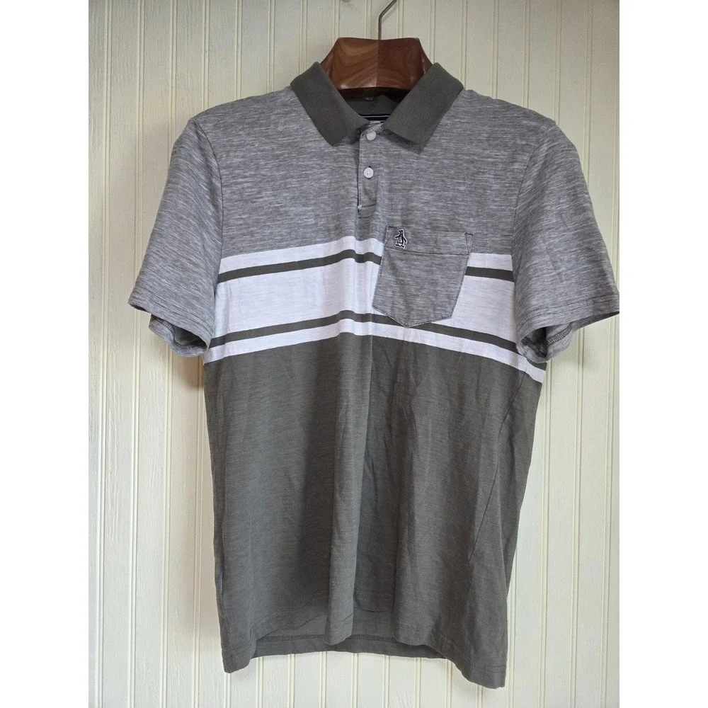 Original Penguin Polo‎ Shirt Mens Medium Green White Striped Pocket Cotton - Picture 2 of 9